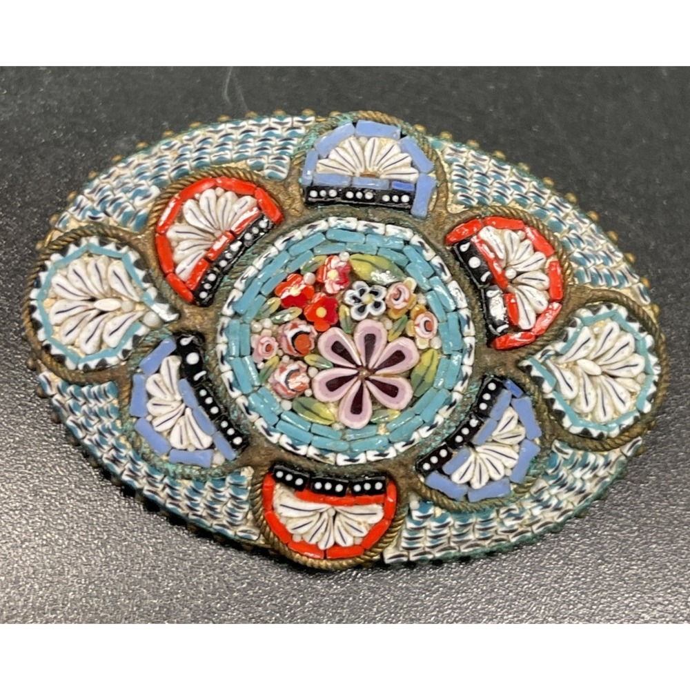 Vintage Italian Micro Mosaic Brooch Floral Blue Red Oval Large 2"